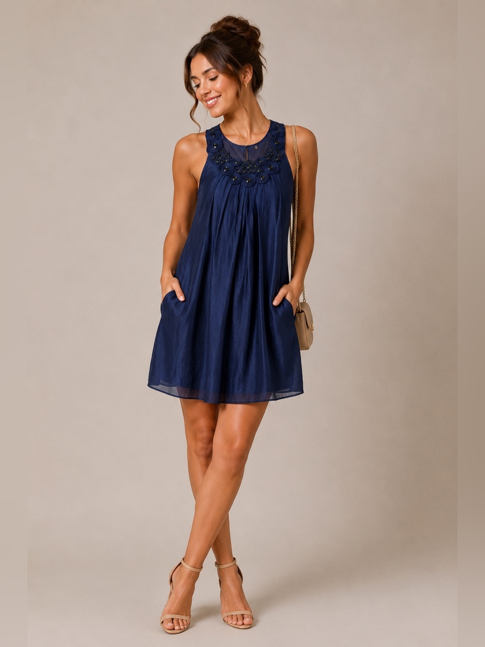 Alexia Admor Navy Embellished Shift Dress Pockets Cocktail Party Medium